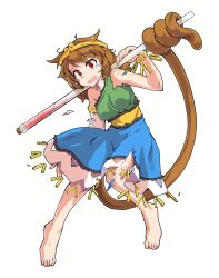 1girl alphes_(style) barefoot blue_dress breasts brown_hair circlet commentary_request dairi dress full_body green_dress large_variant_set long_hair low_twintails medium_breasts monkey_tail multicolored_dress open_mouth parody red_eyes solo son_biten style_parody tachi-e tail tears test_tube torn_clothes torn_dress touhou transparent_background twintails variant_set yellow_dress
