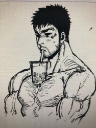 Rule 34 | 1boy, bara, beard stubble, bubble tea, bubble tea challenge, chest hair, commentary request, cropped torso, cup, debacoq, disposable cup, facial hair, futari solo camp, highres, kinokura gen, male focus, monochrome, nipples, pectorals, photo (medium), short hair, sketch, solo, stubble