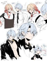 2boys antenna_hair apron black_apron black_choker black_gloves black_shirt blonde_hair blue_eyes braid chest_tattoo choker collared_shirt commentary_request facial_tattoo gloves gradient_hair hair_between_eyes highres honkai:_star_rail honkai_(series) korean_commentary korean_text male_focus medium_hair multicolored_hair multiple_boys mydei_(delicacies)_(honkai:_star_rail) mydei_(honkai:_star_rail) official_alternate_costume open_clothes open_shirt parted_bangs phainon_(fashion)_(honkai:_star_rail) phainon_(honkai:_star_rail) red_hair red_tattoo shirt short_hair side_braid sndayrobin tattoo translation_request white_hair white_shirt yaoi yellow_eyes