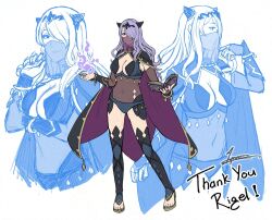 1girl alternate_costume blue_panties book breasts camilla_(fire_emblem) cape cleavage cosplay fire_emblem fire_emblem_fates full_body holding holding_book horns looking_at_viewer lynarc medium_breasts mouth_veil multiple_views nintendo nyx_(fire_emblem) nyx_(fire_emblem)_(cosplay) panties purple_hair revealing_clothes underwear veil