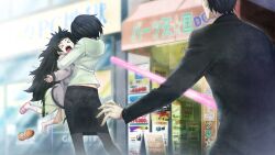 &gt;_&lt; 1boy 2girls asymmetrical_footwear back_peek beard_stubble black_hair black_jacket black_pantyhose black_shirt black_skirt blunt_bangs bob_cut closed_eyes clothes_lift clothing_request collar collarbone collared_shirt crocs dress facial_hair fangs flat_chest from_behind game_cg green_collar green_dress green_hair green_trim grey_jacket height_difference highres hiyajou_maho holding holding_toy hug huke jacket jacket_over_dress judy_reyes lifting_person long_hair long_sleeves mature_female messy_hair miniskirt mismatched_footwear multiple_girls non-web_source official_art okabe_rintarou okabe_rintarou_(beta) open_mouth pantyhose pink_sandals ringed_eyes sandals shirt shirt_lift short_hair shouting skirt socks steins;gate steins;gate_0 stubble thick_eyebrows thighs tongue toy unworn_shoe very_long_hair white_socks