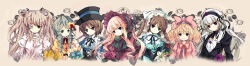 6+girls black_outline blonde_hair bondson brown_hair floral_border gloves heterochromia highres hinaichigo kanaria kirakishou long_hair medium_hair multiple_girls outline rozen_maiden shinku souseiseki suigintou suiseiseki white_background white_hair