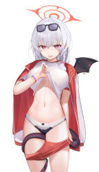 1girl absurdres black_panties black_wings blue_archive braid breasts buruma buruma_pull clothes_lift clothes_pull cowboy_shot eyewear_on_head fake_wings fuenyuan grey_hair gym_shirt hair_between_eyes halo haruna_(blue_archive) haruna_(track)_(blue_archive) highres jacket jacket_on_shoulders large_breasts lifting_own_clothes long_hair navel official_alternate_costume panties red_buruma red_eyes red_halo shirt shirt_lift short_sleeves side_braid simple_background single_wing solo tail tail_around_own_leg torso_flash track_jacket underwear white_background white_shirt wings