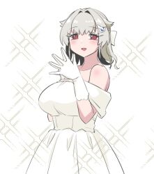 1girl alternate_costume alternate_hairstyle breasts dress gloves grey_hair hair_ribbon jingei_(kancolle) kantai_collection large_breasts medium_breasts off-shoulder_dress off_shoulder red_eyes ribbon solo sparkle steepled_fingers tamu_(mad_works) white_background white_dress white_gloves