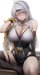 1girl absurdres asymmetrical_gloves bare_shoulders black_gloves black_shorts black_thighhighs blush breasts cleavage collar commentary elbow_gloves gloves grey_hair high-waist_shorts highres holding holding_jacket holding_unworn_clothes huge_breasts jacket looking_at_viewer mole mole_on_breast monegi no_shoes one_eye_closed shirt shorts simple_background single_elbow_glove single_hair_intake single_thighhigh solo sweat thighhighs thighs uneven_gloves unworn_jacket white_background white_collar white_shirt yellow_eyes yellow_jacket yixuan_(zenless_zone_zero) zenless_zone_zero