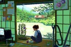 1girl animal animated animated_gif brown_hair calendar_(object) cat computer day flower iemon_(iweymon) incense_burner looping_animation monitor morning_glory mouth_hold original overalls painting_(action) painting_(object) pixel_art ponytail porch scenery short_sleeves shouji sitting sliding_doors solo tatami wind_chime