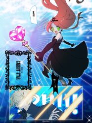 1boy 1girl black_dress black_gloves blonde_hair chinese_text chocolat_meilleure commentary_request dress earrings elbow_gloves gloves green_eyes high_heels highres holding holding_wand jacket jewelry long_hair magical_girl open_mouth orange_hair pierre_tempete_de_neige short_hair smile sugar_sugar_rune tiara translation_request wand yuzikoz_mega