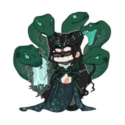 1girl animal black_blindfold black_choker black_hair black_shoes blindfold blue_shawl character_request chibi chinese_commentary choker circlet closed_mouth commentary_request cone_hair_bun detached_sleeves double_bun dress eeeestella expressionless green_dress green_sleeves grey_pantyhose hair_bun hair_ornament hand_on_hand highres jewelry lace lace_blindfold long_dress long_hair long_sleeves marking_on_cheek mirror necklace nikki_(series) outline oversized_animal own_hands_together pantyhose see-through_pantyhose shawl shining_nikki shoes sidelocks simple_background snake snake_hair_ornament solo standing starry_sky_print strapless strapless_dress very_long_hair wavy_hair white_background white_outline