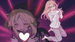 1boy 1girl aged_up avalona blush bucchigiri?! closed_eyes commentary_request freckles glasses grey_shirt grin heart heart_hands hetero highres kneeling komiroku long_hair love_je_t&#039;aime orange_hair purple_background randal&#039;s_friends randal_ivory school_uniform serafuku shirt smile