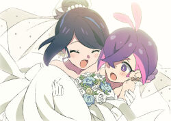 2girls black_hair blush bouquet bridal_gauntlets bridal_veil carrying dot_(pokemon) dress earrings female_focus flower gloves hair_bun hair_over_one_eye highres jewelry liko_(pokemon) matching_hair/eyes medium_hair multiple_girls nihiro_(erxun11) nintendo open_mouth plus_ta pokemon pokemon_(anime) pokemon_horizons princess_carry purple_eyes purple_hair simple_background veil wedding_dress white_background white_gloves wife_and_wife yuri