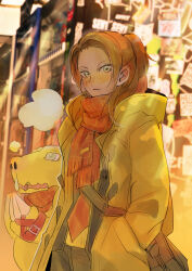 Rule 34 | 1boy, absurdres, agumon (digimon savers), black jacket, black pants, blurry, blurry background, blush, brown coat, brown hair, coat, commentary request, daimon masaru (digimon savers), digimon, digimon savers, hands in pockets, high ponytail, highres, jacket, light rays, male focus, medium hair, ookutsuwa waga, pants, ponytail, snot, solo focus