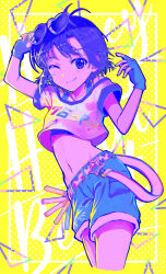 1girl antenna_hair belt black_hair blue_shorts closed_mouth crop_top cropped_legs eyewear_on_head fingerless_gloves gloves hands_up heart heart-shaped_eyewear highres idolmaster idolmaster_(classic) idolmaster_2 kikuchi_makoto lightstick looking_at_viewer midriff miyagi navel one_eye_closed shirt short_hair short_sleeves shorts smile solo street_hopper_(idolmaster) sunglasses white_shirt yellow_background