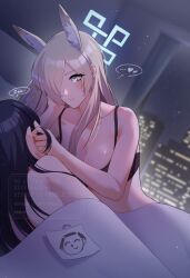 2girls animal_ears blonde_hair blue_archive blue_eyes blue_halo breasts commentary_request doodle_sensei_(blue_archive) extra_ears female_sensei_(blue_archive) halo heart highres indoors kanna_(blue_archive) large_breasts long_hair lying multiple_girls muutsurose night on_side sensei_(blue_archive) sleeping speech_bubble spoken_zzz thought_bubble yuri zzz