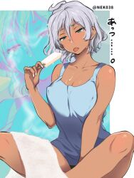 1girl ahoge blue_tank_top blush breasts cleavage covered_erect_nipples dark-skinned_female dark_skin food green_eyes gundam gundam_suisei_no_majo highres holding holding_food holding_popsicle mizuno374 nail_polish popsicle secelia_dote shiny_skin tank_top tongue tongue_out towel wet white_hair white_nails