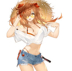 1girl :d absurdres alternate_costume alternate_eye_color arm_up bikini bikini_under_shorts blue_shorts breasts brown_eyes brown_hair c-munin cleavage collarbone cowboy_shot crop_top denim denim_shorts floating_hair flower hair_flower hair_ornament hair_over_one_eye hat highres looking_at_viewer medium_breasts navel neon_genesis_evangelion open_mouth panty_straps red_bikini shirt short_shorts shorts simple_background smile solo souryuu_asuka_langley stomach straw_hat sunglasses swimsuit tinted_eyewear torn_clothes torn_shorts v white_background white_shirt yellow-tinted_eyewear