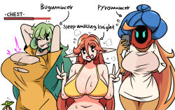 Rule 34 | 1boy, 3girls, :p, aqua eyes, arms behind head, arrow (symbol), bikini, blue turban, breasts, brown hair, cellphone, character name, double v, dress, english text, flying sweatdrops, gameplay mechanics, goblin, goblin male, green hair, highres, holding, holding phone, huge breasts, jaw drop, long hair, multiple girls, murgoten, navel, notice lines, one eye closed, orange hair, phone, pointy ears, pyromancer (murgoten), sweat, swimsuit, thigh gap, tongue, tongue out, torn clothes, torn dress, turban, v, very long hair, yellow bikini, yellow dress