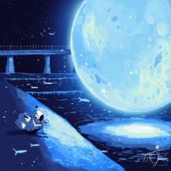 1other artist_name astronaut backpack bag book bridge commentary fish flying_fish gloves helmet highres holding holding_book kazunoko_(kazunoko_zunoco) moon night night_sky open_book original other_focus outdoors radio_antenna railing reading river signature sitting sky solo space_helmet spacesuit star_(sky) starry_sky white_gloves