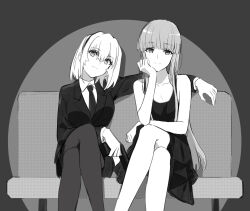 Rule 34 | 2girls, arm around shoulder, couch, dress, formal clothes, frown, furude rika, gun, hairband, head on hand, highres, higurashi no naku koro ni, higurashi no naku koro ni gou, holding, holding gun, holding weapon, houjou satoko, long hair, looking at viewer, monochrome, multiple girls, pantyhose, short hair, sitting, skirt, skirt suit, smile, suit, usamin (megumikira), weapon