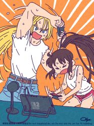 &gt;_&lt; 1boy 1girl artist_name blonde_hair blue_eyes breasts brown_hair cleavage closed_eyes denim fatal_fury height_difference highres jeans large_breasts legs long_hair low_ponytail muscular muscular_male nintendo_switch_2 open_mouth pants playing_games ponytail shiranui_mai shirt shorts sleeveless sleeveless_shirt snk sweat terry_bogard the_king_of_fighters thighs tongue