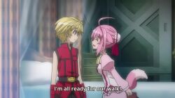 1boy 1girl animal_ears animated anime_screenshot arm_up arms_behind_back breasts cinque_izumi closed_eyes dog_days dog_ears dog_girl dog_tail happy headpat holding_hands millhiore_f._biscotti sideboob small_breasts smile tagme tail video