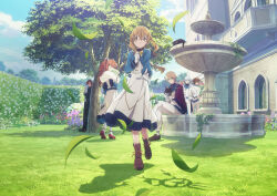 2girls 4boys ahoge blonde_hair boots brown_eyes brown_hair cat character_request cyril_ashley day felix_arc_ridill flower fountain garden gloves grass green_eyes highres isabelle_norton key_visual leaf long_hair long_skirt long_sleeves looking_at_viewer monica_everett multiple_boys multiple_girls nero_(silent_witch) official_art outdoors promotional_art shadow short_hair silent_witch skirt tree white_gloves white_hair