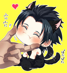 Rule 34 | 2boys, absurdres, angeal hewley, animal ears, black hair, black pants, black shirt, cheek pinching, chibi, closed eyes, crisis core final fantasy vii, dog ears, dog tail, earrings, final fantasy, final fantasy vii, highres, jewelry, kemonomimi mode, male focus, multiple boys, pale skin, pants, parted bangs, pinching, shakunage1, shirt, short hair, single earring, sleeveless, sleeveless turtleneck, smile, tail, tail wagging, tan, turtleneck, twitter username, yellow background, zack fair
