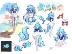 1girl absurdres ahoge amethystauri animal beach blue_dress blue_eyes blue_hair crab design_speculation dress fins fish fish_girl fish_tail hat highres indie_virtual_youtuber lighthouse long_hair multiple_views sameko_saba sand short_twintails tail twintails two-tone_dress virtual_youtuber white_dress white_hat