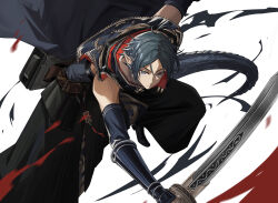 1boy arknights bare_shoulders black_cape black_capelet black_hair black_shirt blue_hair cape capelet closed_mouth earrings grey_eyes highres holding holding_sword holding_weapon jewelry looking_at_viewer male_focus parted_bangs pointy_ears shirt short_hair sky_nomore solo sword tail tassel tassel_earrings weapon zuo_le_(arknights)