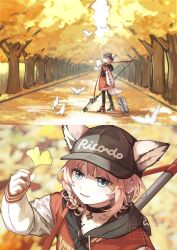 Rule 34 | 1girl, ametani, animal ears, arknights, autumn leaves, blue eyes, commentary, fox ears, fox girl, fox tail, hat, highres, holding, leaf, official alternate costume, outdoors, sussurro (arknights), sussurro (travel freely) (arknights), tail