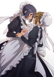 Rule 34 | 2girls, 404no2929, apron, black dress, blue hair, blush, brown hair, closed mouth, commentary, dress, english text, eye contact, hair ornament, hairclip, hat, holding another&#039;s wrist, juliet sleeves, long sleeves, looking at another, maid, maid apron, miya (404no2929), mob cap, multiple girls, original, parted lips, puffy sleeves, purple eyes, shion (404no2929), simple background, victorian maid, white apron, white background, white hat, yuri