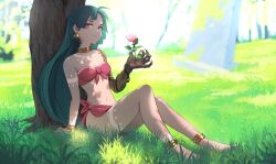 1girl against_tree ahoge aqua_hair arm_markings arm_support asymmetrical_bangs bare_shoulders barefoot bikini bikini_top_only blue_hair blunt_sidelocks blurry blurry_background body_markings borrowed_character bracelet breasts claw_pose claws cleavage closed_mouth commentary dark-skinned_female dark_skin day earrings flower freckles from_side front-tie_bikini_top front-tie_top full_body gold_anklet gold_bracelet gold_earrings gold_necklace grass green_hair half-closed_eyes hand_up head_tilt highres holding holding_flower jewelry knees_up leaf leaning_back leg_markings long_eyelashes long_hair looking_at_viewer looking_to_the_side medium_breasts multiple_bracelets nana_(sui_(suizilla)) narrowed_eyes navel neck_ring necklace on_ground original outdoors parted_bangs pink_bikini pink_eyes pink_flower pink_rose pink_sarong pink_top pink_tube_top plant raised_eyebrows rose sarong shadow sidelocks sitting smirk solo strapless strapless_bikini sunlight swimsuit thick_eyelashes thighs tree tree_shade tube_top vertigris very_long_hair vines wooden_arm