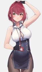 1girl absurdres arm_up bare_arms bare_shoulders black_gloves blush breasts brown_pantyhose cleavage closed_mouth commentary_request cowboy_shot fingerless_gloves gloves hand_on_own_head heterochromia high-waist_skirt highres hololive houshou_marine houshou_marine_(businesswoman) lanyard large_breasts pantyhose partially_unbuttoned red_eyes red_hair reulem shirt short_hair simple_background skirt sleeveless sleeveless_shirt solo virtual_youtuber white_background yellow_eyes