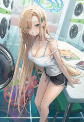 1girl asuna_(blue_archive) black_shorts blonde_hair blue_archive blue_bra blue_halo book bra breasts camisole cleavage dolphin_shorts doodle_sensei_(blue_archive) dutch_angle grin hair_ornament hair_spread_out hairclip halo highres indoors large_breasts laundromat laundry laundry_basket leaning_forward leaning_on_table long_hair looking_at_viewer magazine_(object) mole mole_on_breast reflective_floor roha sensei_(blue_archive) shorts smile solo standing strap_slip table thighs underwear very_long_hair washing_machine white_camisole