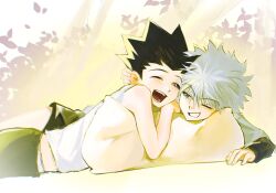 2boys arm_around_shoulder black_hair black_shirt black_shorts blue_eyes brown_eyes gelb gon_freecss grey_hair grin highres hunter_x_hunter killua_zoldyck layered_sleeves long_sleeves lying male_focus midriff_peek multiple_boys on_stomach one_eye_closed pants pillow shirt short_hair short_over_long_sleeves short_sleeves shorts single_bare_shoulder smile spiked_hair teeth tongue white_shirt widow&#039;s_peak