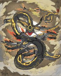 black_sclera claws cloud colored_sclera commentary dragon eastern_dragon english_commentary fangs gen_3_pokemon legendary_pokemon lunaurum nintendo no_humans open_mouth pokemon pokemon_(creature) rayquaza signature solo yellow_eyes
