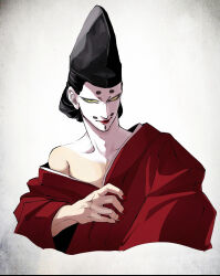 1boy black_hair collarbone colored_sclera eyelashes facepaint highres hikimayu japanese_clothes kimono kiyohara_shinano-no-kami kurotake_ihi lipstick makeup male_focus nige_jouzu_no_wakagimi off_shoulder red_lips red_nails solo undressing upper_body white_background yellow_sclera