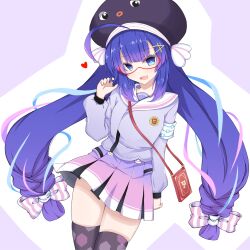 1girl ahoge animal_hat armband black_thighhighs blue_eyes blue_hair blue_streaks blunt_bangs bow braid cellphone_strap commentary_request cowboy_shot eel_hat fang goggles gradient_clothes gradient_hair gradient_skirt hair_between_eyes hair_bow hair_ornament hairclip hand_in_own_hair hand_up hat hat_ribbon heart highres honeycomb_(pattern) honeycomb_print jacket large_hat long_hair long_sleeves looking_at_viewer low-braided_long_hair low-tied_long_hair mac_4229 mortarboard multicolored_hair multicolored_skirt open_mouth otomachi_una otomachi_una_(voicepeak) pink_skirt pink_streaks pink_stripes pleated_skirt print_thighhighs puffy_long_sleeves puffy_sleeves purple_background purple_hat purple_jacket purple_skirt red-framed_eyewear ribbon safety_pin sailor_collar sailor_jacket shoulder_strap skirt smartphone_case smile solo standing streaked_hair striped_bow striped_ribbon thighhighs twintails vertical-striped_bow very_long_hair voicepeak white_armband white_bow white_ribbon white_sailor_collar zettai_ryouiki