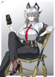 1girl a.fistulosum absurdres ahoge armband black_armband black_choker black_gloves black_horns black_pants black_shoes button_gap can chest_harness choker closed_mouth collared_shirt commentary curled_horns drink_can gloves gradient_background grey_hair hair_between_eyes harness high-waist_pants high_heels highres holding holding_can horns long_hair looking_at_viewer monster_energy on_chair pants red_eyes shirt shirt_tucked_in shoes signature sitting solo tight_clothes tight_pants white_shirt wuthering_waves zani_(wuthering_waves)