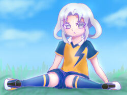 1girl akasode_matsuri_(inazuma_eleven) blue_shirt blue_shorts blue_socks collar flat_chest grey_eyes grey_hair hakkou_soft inazuma_eleven_(series) inazuma_eleven_victory_road large_variant_set medium_hair parted_lips raimon raimon_soccer_uniform shirt short_sleeves shorts sidelocks sitting soccer_uniform socks solo sportswear two-tone_shirt variant_set white_collar yellow_shirt