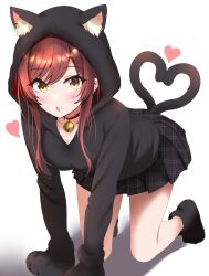 1girl :o animal_hands animal_hood black_gloves black_jacket black_skirt blush breasts brown_eyes cat_hood cat_tail cleavage collarbone gloves heart_tail_duo highres hood idolmaster idolmaster_shiny_colors jacket kneeling long_hair long_sleeves medium_breasts multiple_tails osaki_amana paw_gloves red_hair shingi_(truth_fakesingi) skirt solo swept_bangs tail thighs two_tails