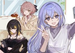 Rule 34 | 3girls, :d, ;q, black hair, blonde hair, brown eyes, brown hair, brown hoodie, cellphone, collarbone, colored inner hair, cometik (idolmaster), commentary, donut, expressionless, fake halo, finger to mouth, food, halo, highres, holding, holding donut, holding food, holding phone, hood, hoodie, idolmaster, idolmaster shiny colors, ikaruga luca, ikuta haruki, jewelry, long hair, medium hair, midriff, multicolored hair, multiple girls, navel, necklace, off shoulder, one eye closed, open mouth, phone, prank, purple eyes, purple hair, purple shirt, raychelsoo, selfie, shirt, short hair, smartphone, smile, strap slip, streaked hair, suzuki hana, sweater vest, teeth, tongue, tongue out, upper teeth only, v, white sweater vest