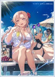 1boy 2girls asuna_(sao) beach beach_umbrella black_hair blue_eyes blue_hair bottle brown_eyes brown_hair bunbun cup drink drinking_glass flower food fruit hair_flower hair_ornament highres ice kicking kirito long_hair looking_at_viewer multiple_girls shirt short_hair sinon sitting sunglasses swimsuit sword_art_online umbrella water white_shirt wine_bottle wine_glass