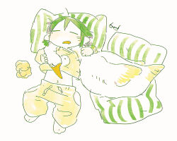 1girl asakusa_midori barefoot bird closed_eyes commentary drooling eizouken_ni_wa_te_wo_dasu_na! from_above glasses goblet_42 goose highres mouth_drool pillow short_hair sketch sleeping stuffed_animal stuffed_rabbit stuffed_toy white_background