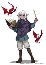 1boy book boots brown_boots closed_mouth dark_elf dungeon_meshi elf full_body highres holding holding_book knee_boots male_focus nezu1495821 pointy_ears purple_eyes simple_background thistle_(dungeon_meshi) white_background white_hair