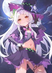 1girl absurdres arched_bangs black_gloves black_hat bow bowtie capelet closed_mouth cloud contrapposto cowboy_shot cropped_shirt full_moon gloves gluteal_fold hair_bun hand_on_own_hip hand_up hat highres hololive jewelry long_hair long_sleeves looking_at_viewer midriff moon murasaki_shion murasaki_shion_(1st_costume) navel night night_sky orange_eyes outdoors panties pantyshot pink_bow pink_bowtie pinstripe_pattern purple_capelet purple_skirt sh1on shirt skirt sky smile solo standing star_(sky) thighlet underwear virtual_youtuber white_hair white_panties witch_hat