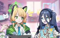 2girls absurdly_long_hair animal_ear_headphones animal_ears aqua_halo aqua_necktie aqua_ribbon aris_(blue_archive) armor blonde_hair blue_archive blue_eyes blue_hair blue_necktie blush bow cat_ear_headphones child&#039;s_drawing clubroom dark_blue_hair drawing_(object) drawing_tablet fake_animal_ears green_bow green_eyes green_halo hair_between_eyes halo happy headphones highres holding holding_drawing holding_stylus indoors knight logo long_hair long_hair_between_eyes low-tied_sidelocks midori_(blue_archive) multiple_girls necktie nogawa_serori notice_lines one_side_up open_mouth rectangular_halo ribbon sketchbook smile star_(symbol) stylus sword very_long_hair weapon