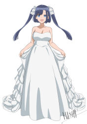 16bit_sensation 1girl :d artist_name bare_shoulders blue_eyes blue_hair breasts cleavage collarbone dress full_body hair_ribbon highres ishii_hisao large_breasts long_dress looking_at_viewer open_mouth ribbon signature skirt_hold smile solo two_side_up wedding_dress white_dress white_ribbon yamada_touya