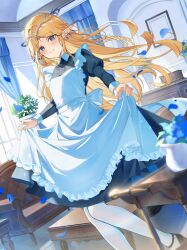 1girl alternate_costume apron black_dress blonde_hair blue_eyes blush cartethyia_(wuthering_waves) closed_mouth commentary crown_of_thorns dress dutch_angle earrings enmaided highres indoors jewelry long_hair long_sleeves looking_at_viewer maid miyanami_3 pantyhose pointy_ears skirt_hold smile solo tacet_mark_(wuthering_waves) very_long_hair white_pantyhose wuthering_waves