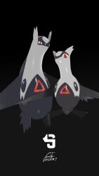 1boy 1girl absurdres af_(afloatisland) alternate_color animal_focus black_background brother_and_sister floating frown gen_3_pokemon highres latias latios legendary_pokemon looking_at_viewer nintendo no_humans pokemon pokemon_(creature) red_eyes siblings signature simple_background