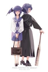 Rule 34 | 1girl, absurdres, alternate costume, artist name, bag, bare legs, baseball bat, beanetrrors, black footwear, black sailor collar, black serafuku, black skirt, blue eyes, blue hair, blue sailor collar, blue skirt, blue wings, chinese commentary, commentary, contemporary, copyright name, dated, delinquent, final fantasy, final fantasy xiv, full body, head wings, high heels, highres, holding, holding bag, holding baseball bat, looking at viewer, meteion, multiple views, pleated skirt, sailor collar, school bag, school uniform, serafuku, short hair, shoulder bag, simple background, skirt, straight-on, sukeban, white background, wings